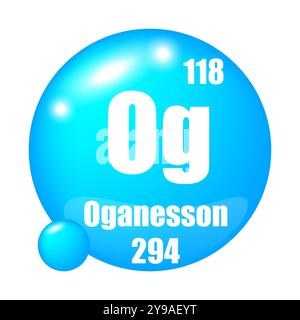 Icona Oganesson. Elemento chimico og. Numero atomico 118. Massa 294. Immagine sfera blu. Simbolo vettoriale. Illustrazione Vettoriale