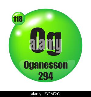 Icona Oganesson. Elemento chimico og. Numero atomico 118. Massa 294. Immagine sfera verde. Simbolo vettoriale. Illustrazione Vettoriale