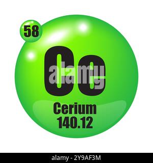 Icona del cerio. Elemento chimico CE. Numero atomico 58. Massa 140.12. Vettore sfera verde. Illustrazione Vettoriale