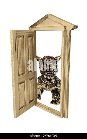 Porta aperta di legno usata per separare le camere con un Foo Dog all'entrata per mostrare il Feng Shui Foto Stock