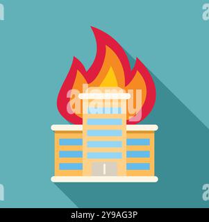 Illustrazione di un grande edificio cittadino con fiamme che escono dall'alto, in stile moderno e piatto con una lunga ombra Illustrazione Vettoriale