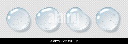 Gocce di siero, gocce di gel trasparente, liquido lucido realistico, prodotto cosmetico idratante, concetto di acido ialuronico. Illustrazione Vettoriale