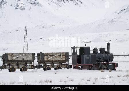 Ferrovia mineraria storica nel paesaggio invernale, Kongsfjord, NY-Alesund, Spitsbergen Island, Svalbard e arcipelago Jan Mayen, Norvegia, Europa Foto Stock