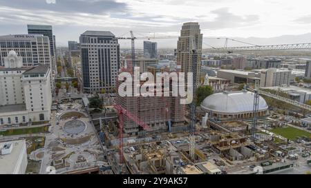 Vista aerea della Piazza del Tempio, che è un centro di storia e culto per i membri della Chiesa di Gesù Cristo dei Santi degli ultimi giorni Foto Stock