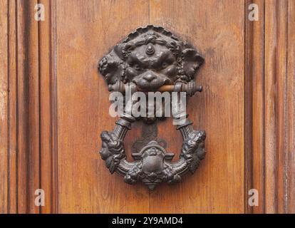 Porta antica bussa a forma di testa di leone su una vecchia porta di legno, Roma, Italia, Europa Foto Stock