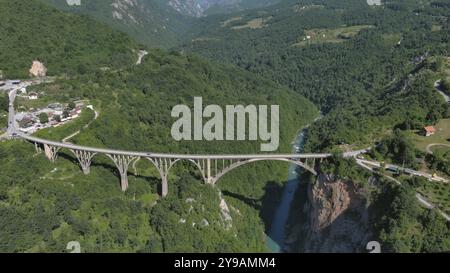 Vista aerea sul ponte ad arco di Djurdjevica sul fiume Tara nel Montenegro settentrionale Foto Stock