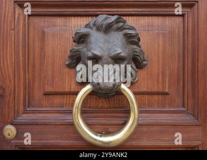 Porta antica bussa a forma di testa di leone su una vecchia porta di legno, Roma, Italia, Europa Foto Stock