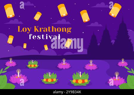 il festival loy krathong celebra il design dell'illustrazione di sfondo Illustrazione Vettoriale