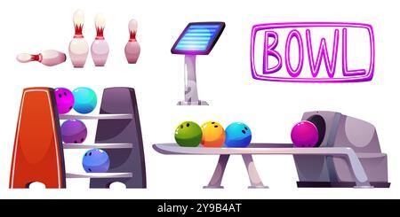 Attrezzatura da bowling isolata su sfondo bianco. Illustrazione vettoriale di elementi di design degli interni del centro sportivo, palle e spille, schermo di punteggio, decorazione delle pareti con luce al neon, tempo libero attivo Illustrazione Vettoriale