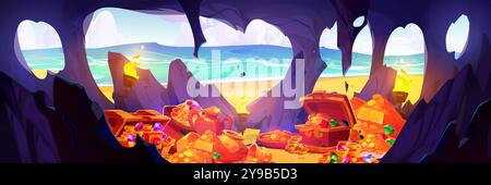 Grotta del tesoro dei pirati sull'isola marina. Illustrazione vettoriale di grotte di montagna con mucchi di monete d'oro, pietre preziose, cristalli di diamante, vasi, fiaccole, vista sul mare, sfondo del gioco di avventura Illustrazione Vettoriale
