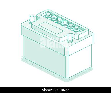 Batteria per auto isolata su sfondo bianco. Batteria accumulatore. Oggetto contorno isometrico. Illustrazione vettoriale. Illustrazione Vettoriale