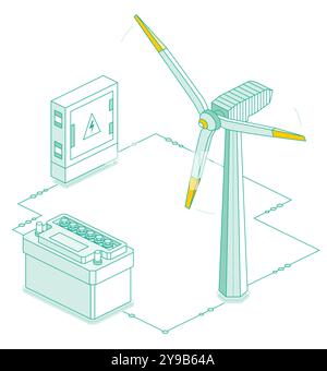 Turbina eolica per la generazione di energia elettrica e batteria per auto isolata su sfondo bianco. Batteria accumulatore e trasformatore elettrico. Illustrazione Vettoriale