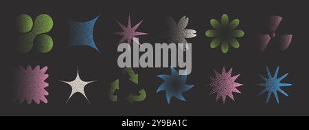 Set di forme geometriche con punti di rigidità a rumore retrò. Mezzitoni vettoriali e effetto stipple Illustrazione Vettoriale