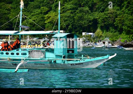 Vista ravvicinata delle tradizionali barche in legno e bambù, Bangkas attraccate sul porto. El Nido, Palawan, Filippine Foto Stock