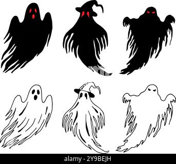 Set di fantasmi spaventosi. Illustrazione grafica di Halloween. Silhouette con linea nera disegnata a mano. Clipart monocromatico inquietante per una vacanza horror. Semplice scarabocchio Illustrazione Vettoriale