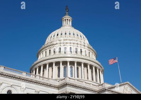 L'iconica cupola del Campidoglio degli Stati Uniti a Washington, D.C., con la bandiera americana che sventolava orgogliosamente sulla destra. Foto Stock