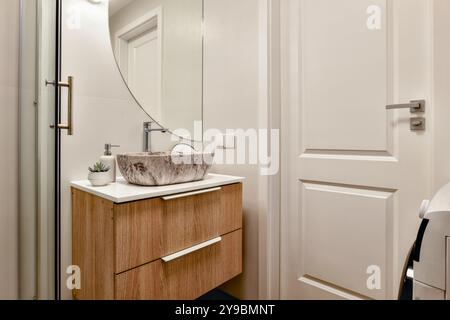 Un moderno bagno interno con elegante lavandino in legno e un'elegante installazione a specchio Foto Stock