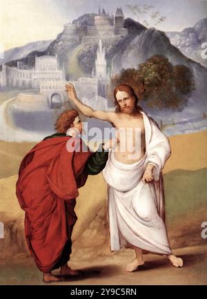 MAZZOLINO, Ludovico (nato ca. 1480, Ferrara, d. dopo il 1528) l'Incredulità di San Tommaso c. 1522 olio su tavola Galleria Borghese, Roma i dipinti del Rinascimento ferrarese condividono un'osservazione particolarmente sensibile della natura e delle caratteristiche espressive del paesaggio, che hanno un ruolo nel quadro, come nei raffinati piccoli pannelli di Mazzolino. Ammira il dipinto in cui dubitare di Tommaso tocca le ferite di Cristo, mentre davanti a lui si apre una nuova visione espressa nel vibrante paesaggio celeste. --- parole chiave: --------------- Autore: MAZZOLINO, Ludovico titolo: The Incredu Foto Stock