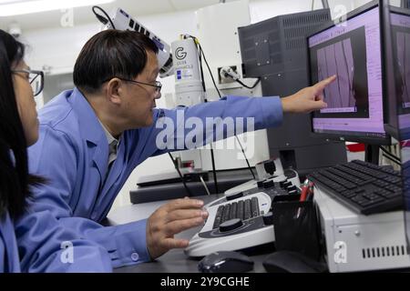 (241010) -- PECHINO, 10 ottobre 2024 (Xinhua) -- li Chunlai (R), ricercatore presso gli osservatori astronomici nazionali dell'Accademia cinese delle scienze (CAS) e vice capo progettista della missione Chang'e-6, studia campioni lunari recuperati dalla missione Chang'e-6 presso il laboratorio di campioni lunari di Pechino, capitale della Cina, 24 settembre 2024. La ricerca sui campioni lunari raccolti dalla missione Chang'e-6 è ancora in corso, secondo li Chunlai, un ricercatore presso gli osservatori astronomici nazionali, CAS, e vice capo progettista della missione Chang'e-6. Un articolo di ricerca Foto Stock