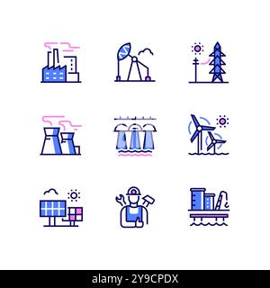 Industria pesante - Set di icone di stile di design della linea Illustrazione Vettoriale