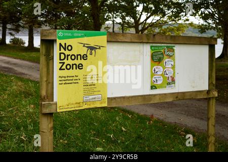 Cartello "No Drone zone Information" nel parcheggio di Ardentinny Beach, Argyll, Scozia Foto Stock