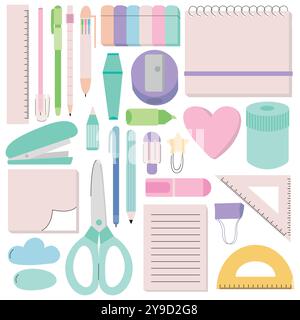 Set piatto vettoriale di strumenti di cancelleria Illustrazione Vettoriale