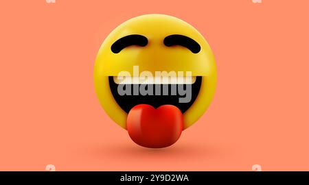 Emoji 3d volto sorridente con lingua bloccata. Illustrazione vettoriale. Illustrazione Vettoriale