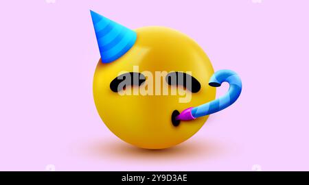 Emoji Party Face - faccia gialla con un cappello da festa che soffia e un corno da festa. Illustrazione vettoriale Illustrazione Vettoriale