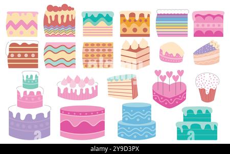 Set vettoriale piatto di diversi tipi di torte Illustrazione Vettoriale