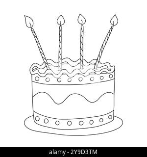 Pagina da colorare con torta di compleanno e candele Illustrazione Vettoriale