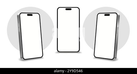 Smartphone mockup, telefono 3d impostato, sfondo bianco. Vettore Illustrazione Vettoriale