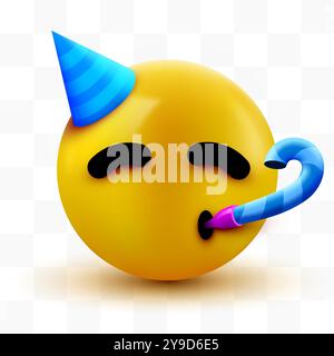 Emoji Party Face - faccia gialla con un cappello da festa che soffia e un corno da festa. Illustrazione vettoriale Illustrazione Vettoriale