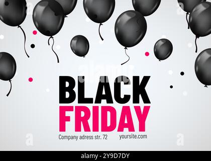 Poster di vendita del Black Friday con mazzo di palloncini brillanti e scuri isolato su sfondo bianco. Illustrazione vettoriale. Illustrazione Vettoriale