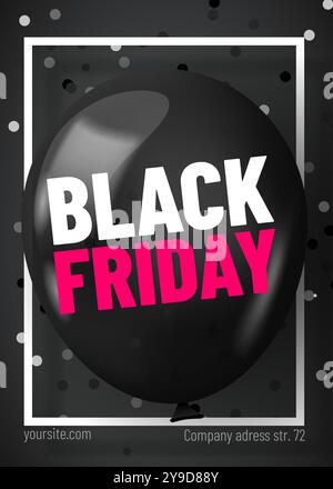 Modello di banner Web per la vendita del Black Friday. Sfondo scuro con palloncino nero e coriandoli per l'offerta di sconti stagionali. Illustrazione vettoriale Illustrazione Vettoriale