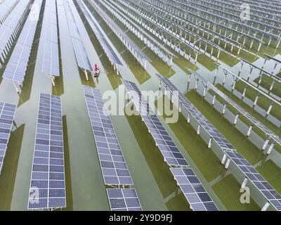 SUQIAN, CINA - 10 OTTOBRE 2024 - Un lavoratore controlla le apparecchiature fotovoltaiche in una base ibrida pescheria-solare a Suqian, nella provincia di Jiangsu nella Cina orientale, ottobre Foto Stock