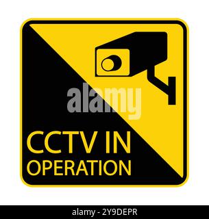 Un segnale di avvertimento giallo luminoso con l'icona di una telecamera CCTV con il testo "CCTV IN FUNZIONE" per indicare la sorveglianza attiva a fini di sicurezza. Illustrazione Vettoriale