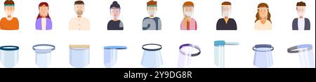 Set di icone di protezione facciale in plastica. Set di diversi personaggi maschili e femminili che indossano schermi facciali medici per la protezione Illustrazione Vettoriale