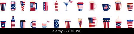 set di icone per drink del 4 luglio. Ventidue bevande diverse con un tema bandiera americana sono allineate orizzontalmente su uno sfondo bianco Illustrazione Vettoriale