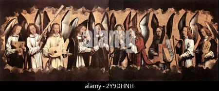 MEMLING, Hans (nato ca. 1440, Seligenstadt, d. 1494, Bruges) Angel Musicians 1480s olio su legno, 165 x 230 cm (ogni pannello) Koninklijk Museum voor Schone Kunsten, Anversa Memling ha prodotto questo quadro in tre parti più di mezzo secolo dopo il pezzo dell'altare di Gand dei fratelli van Eyck. Il pannello centrale non riprodotto qui mostra la figura di Cristo circondata da angeli che cantano·. Così, la musica lodativa accompagna ancora una volta il tema di "Majestas Domini". Formalisticamente, tuttavia, l'artista non segue il famoso esempio. Una spiegazione a questo proposito è lo scopo originale dell' Foto Stock