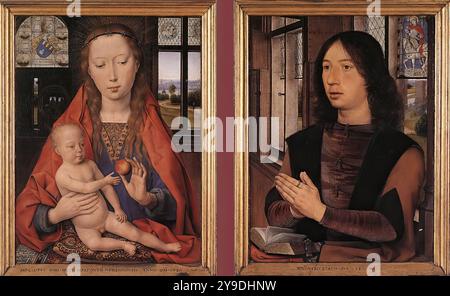 MEMLING, Hans (B. ca. 1440, Seligenstadt, d. 1494, Bruges) Diptych of Maarten Nieuwenhove 1487 olio su pannello di quercia, 52 x 41,5 cm (ciascuno) Memlingmuseum, Sint-Janshospitaal, Bruges il pannello sinistro mostra la Vergine e il bambino, mentre a destra è il ritratto del donatore Maarten van Nieuwenhove, un nobile di Bruges. Questo lavoro risale allo stesso anno del trittico di Benedetto Portinari ed è strettamente correlato ad esso in termini di stile e tipologia. Con l'eccezione dell'esempio di Chicago, è l'unico dittico ritratto a sopravvivere intatto. Nella Vergine dell'ala sinistra, le caratteristiche di t Foto Stock