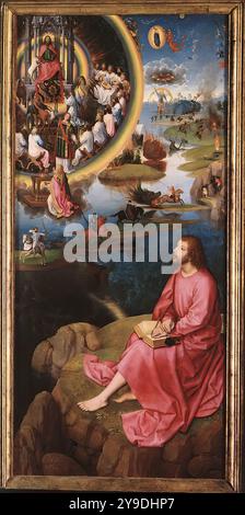 MEMLING, Hans (nato CA. 1440, Seligenstadt, d. 1494, Bruges) St John Altarpiece (ala destra) 1474-79 olio su pannello di quercia, 176 x 78,9 cm Memlingmuseum, Sint-Janshospitaal, Bruges l'ala destra presenta St John l'Evangelista sull'isola di Patmos. Le scene nel trittico che trattano di San Giovanni Evangelista sono le seguenti (in ordine cronologico). Memling intendeva dedicare l'intera ala destra alla visione apocalittica di San Giovanni Evangelista, il che significava che non c'era quasi spazio nel pannello centrale per raffigurare episodi della vita del santo cronologicamente Foto Stock