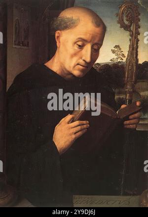 MEMLING, Hans (B. ca. 1440, Seligenstadt, d. 1494, Bruges) Trittico Portinari (ala sinistra) 1487 olio su legno, 45 x 34 cm Galleria degli Uffizi, Firenze l'ala sinistra del trittico rappresenta San Benedetto, santo patrono del donatore, Benedetto di Tommaso Portinari. L'ala destra, sempre negli Uffizi, rappresenta il donatore. Il pannello centrale, ora nello Staatliche Museen di Berlino, raffigura la Vergine con il bambino in un paesaggio. --- parole chiave: --------------- Autore: MEMLING, Hans titolo: Portinari Trittico (ala sinistra) linea temporale: 1451-1500 Scuola: Fiamminga forma: Pittura T Foto Stock