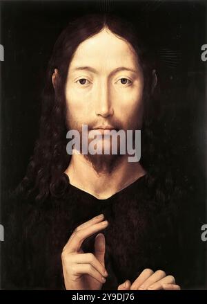 MEMLING, Hans (c.a. 1440, Seligenstadt, d. 1494, Bruges) Christ giving His Blessing 1478 Oil on Oak panel, 38,1 x 28,2 cm Norton Simon Museum of Art, Pasadena Memling dipinse una versione leggermente diversa di questa composizione nel 1481. Il tipo può essere interpretato iconograficamente come la fusione delle effigie vera e Salvator Mundi. Essa comprende una rappresentazione frontale del volto di Cristo in un modo che era diventato standard nell'arte quattrocentesca, essendo stata stabilita già nel XIII secolo da una descrizione contenuta nella cosiddetta lettera di Lentulo. Il BEST-k Foto Stock