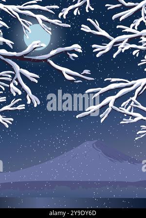 La luna che sorge sul monte Fuji. Vista notturna di un'attrazione turistica giapponese. Design per banner di viaggio, viaggi, inviti. Paesaggio con un'altezza media Illustrazione Vettoriale