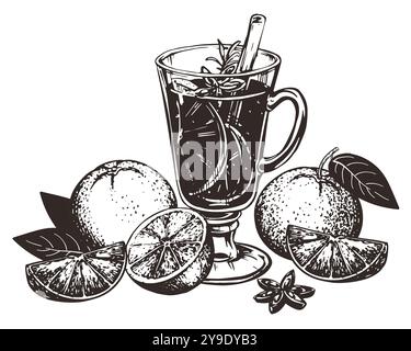 VIN brulé con stecca di cannella, anice stellato. Bicchiere con vino caldo e arance. Illustrazione vettoriale disegnata a mano. Stile inciso di inverno alcolico caldo Illustrazione Vettoriale