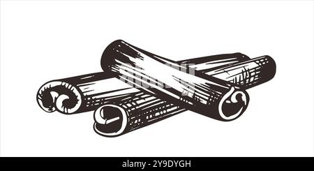 Schizzo di bastoncini di cannella. Corteccia di cannamomum essiccata in legno. Disegno a inchiostro della spezia aromatica. Illustrazione Vettoriale