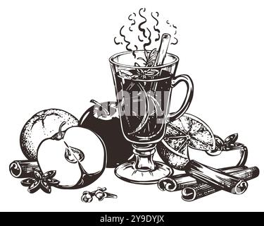 VIN brulé con stecca di cannella, anice stellato. Bicchiere con vino caldo, mele e arance. Illustrazione vettoriale disegnata a mano. Stile inciso di alcoho invernale Illustrazione Vettoriale