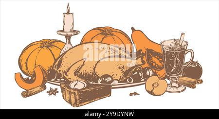 Cena tradizionale del giorno del Ringraziamento. Illustrazione vettoriale nello stile di schizzo a mano. Torta di zucca autunnale con panna montata, VIN brulé e tacchino al forno. Inchiostro dr Illustrazione Vettoriale