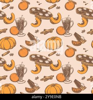 Sfondo perfetto per il giorno del ringraziamento. Schema vettoriale dei piatti tradizionali autunnali per Halloween. VIN brulé, zucche, arancia, torta di zucca con W Illustrazione Vettoriale