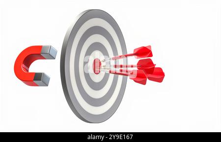 Magnete a ferro di cavallo che attira freccette sul bersaglio, influenza lo sfondo 3d del concept Foto Stock